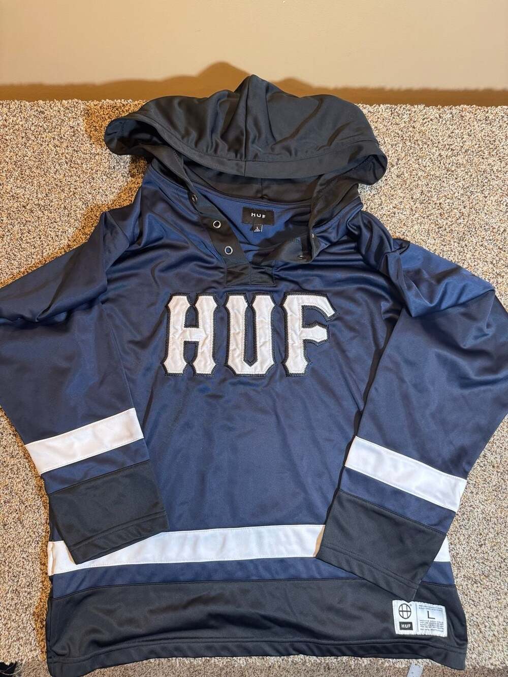 HUF Men's Long Sleeve Hockey Hooded Jersey Navy Blue